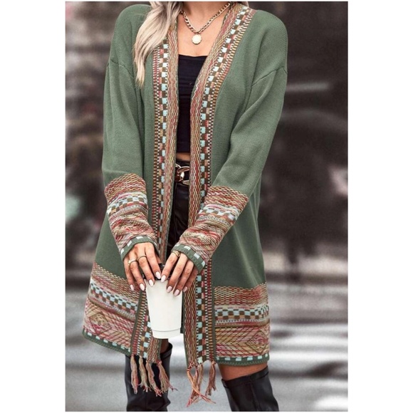 Cozy Geo Western open Front Tassel Hem Cardigan - Picture 4 of 5